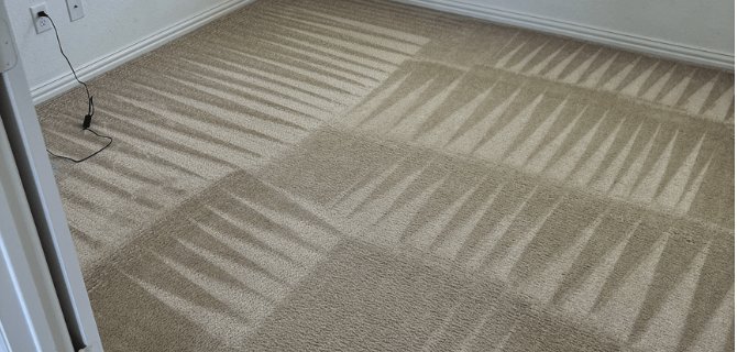 Bedroom carpet deep-cleaned in a crosshatch pattern