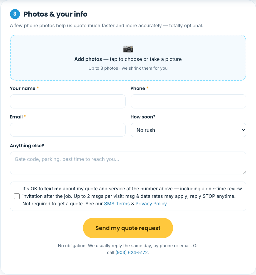 Screenshot of the SMS consent checkbox on the Squeaky Clean quote form, unchecked by default, with links to SMS Terms and Privacy Policy